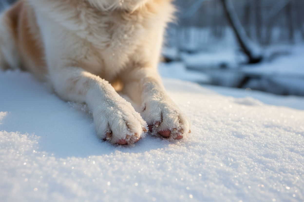 Fotorealistisches, ruhiges Winterbild: Hundepfoten im Fokus nach einem Winterspaziergang, leichter Schnee auf dem Boden, dezente Eiskristalle, weiches natürliches Tageslicht. Die Pfoten wirken gepflegt und geschützt, keine Verletzungen. Natürliche Farbwelt, warmes Beige und sanfte Wintertöne. Hochwertig, ruhig, vertrauensvoll, ohne Text, ohne Produkte, ohne Menschen. Ideal für Natur-Hundepflege im Winter.